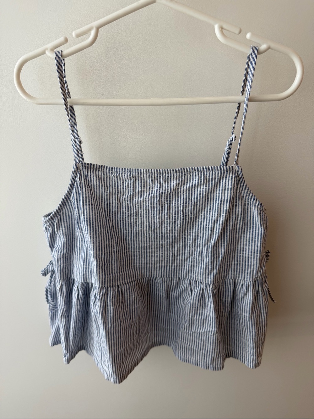 Girls Ruffle Hem Spaghetti Strap Tank Top with matching pants, blue/white stripe